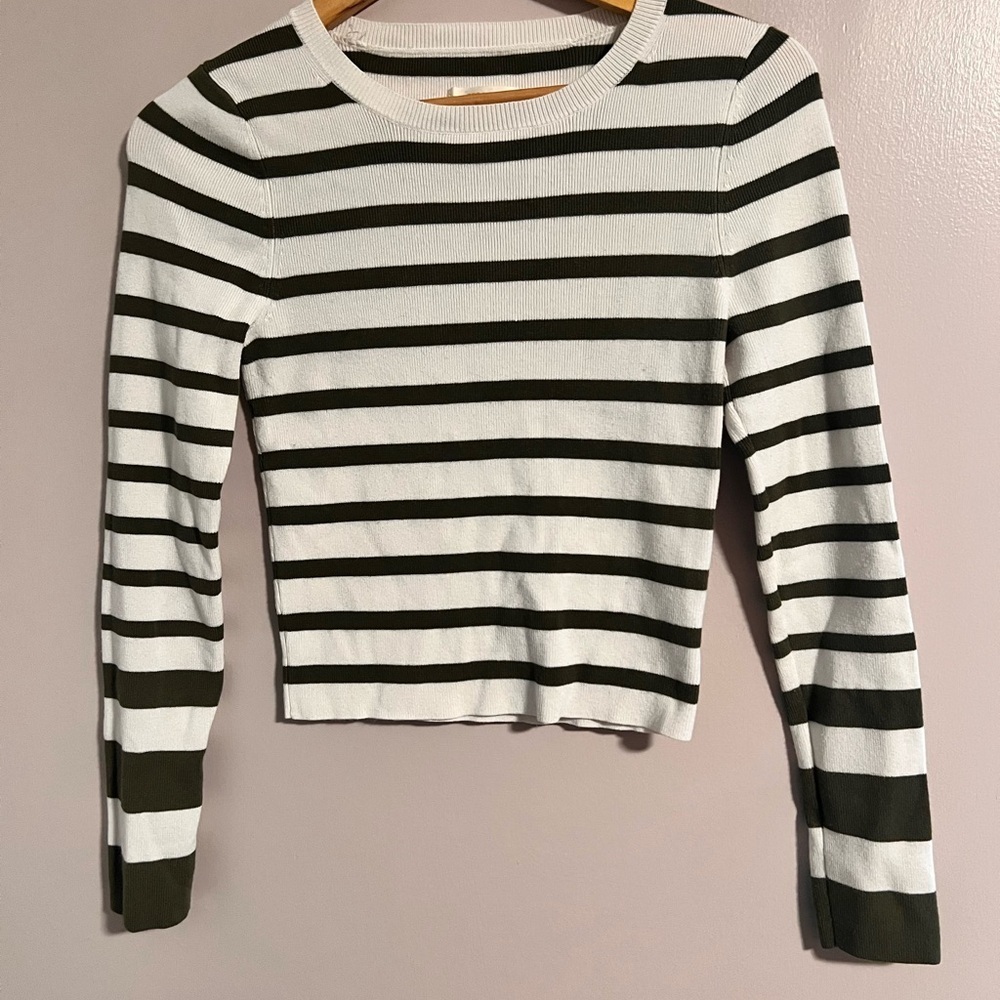 Anthropologie Olive and White Striped Long Sleeve Top